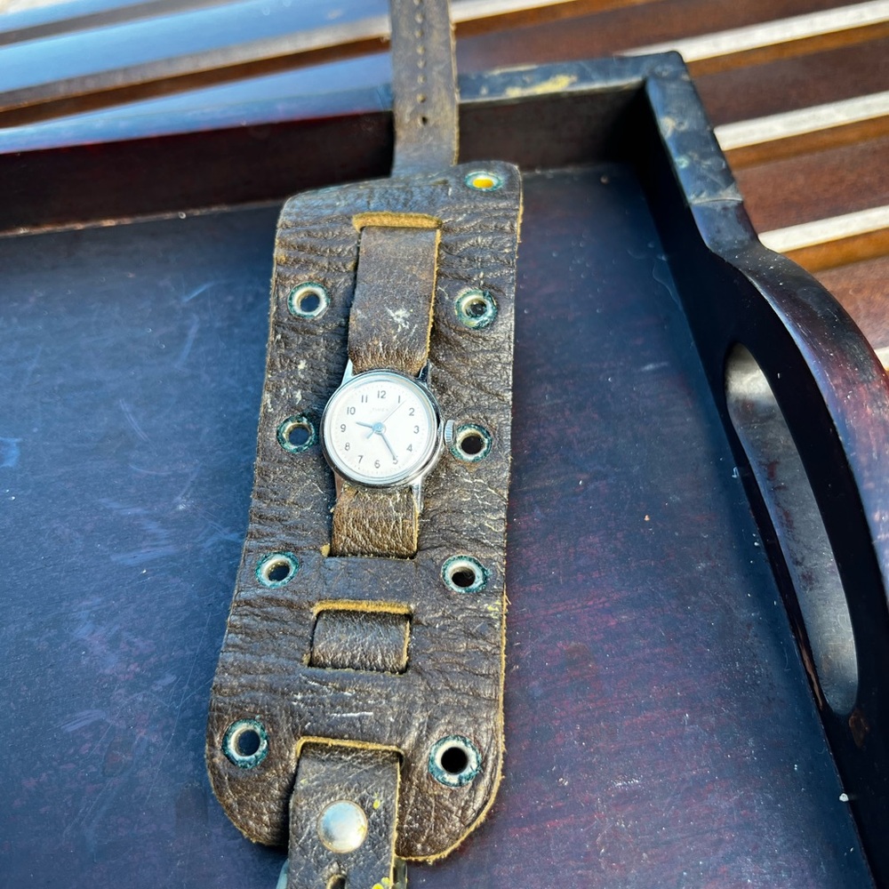 Vintage Brown Leather Wide Cuff Watch Bracelet - Unbranded